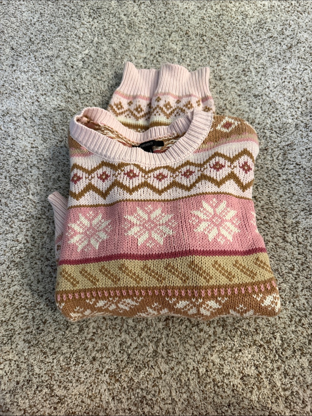 Forever 21 Pink and Tan Fair Isle Crewneck Sweater